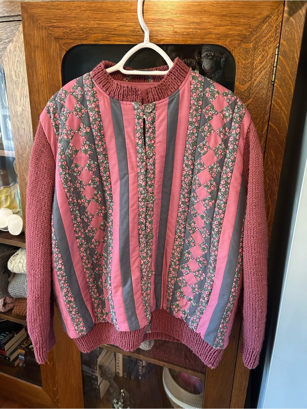 Handmade Quilt an Knit Mix Jacket in Pink and Gray\Blue, Women’s